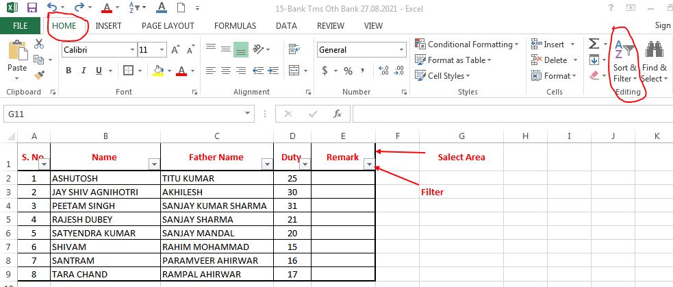 Excel sheet filter